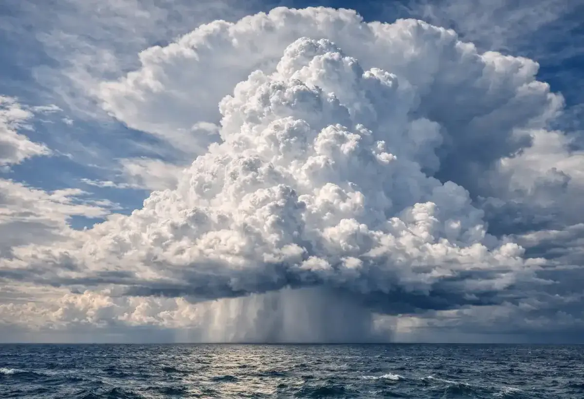 A dramatic view of towering storm clouds rising high into the atmosphere above the ocean