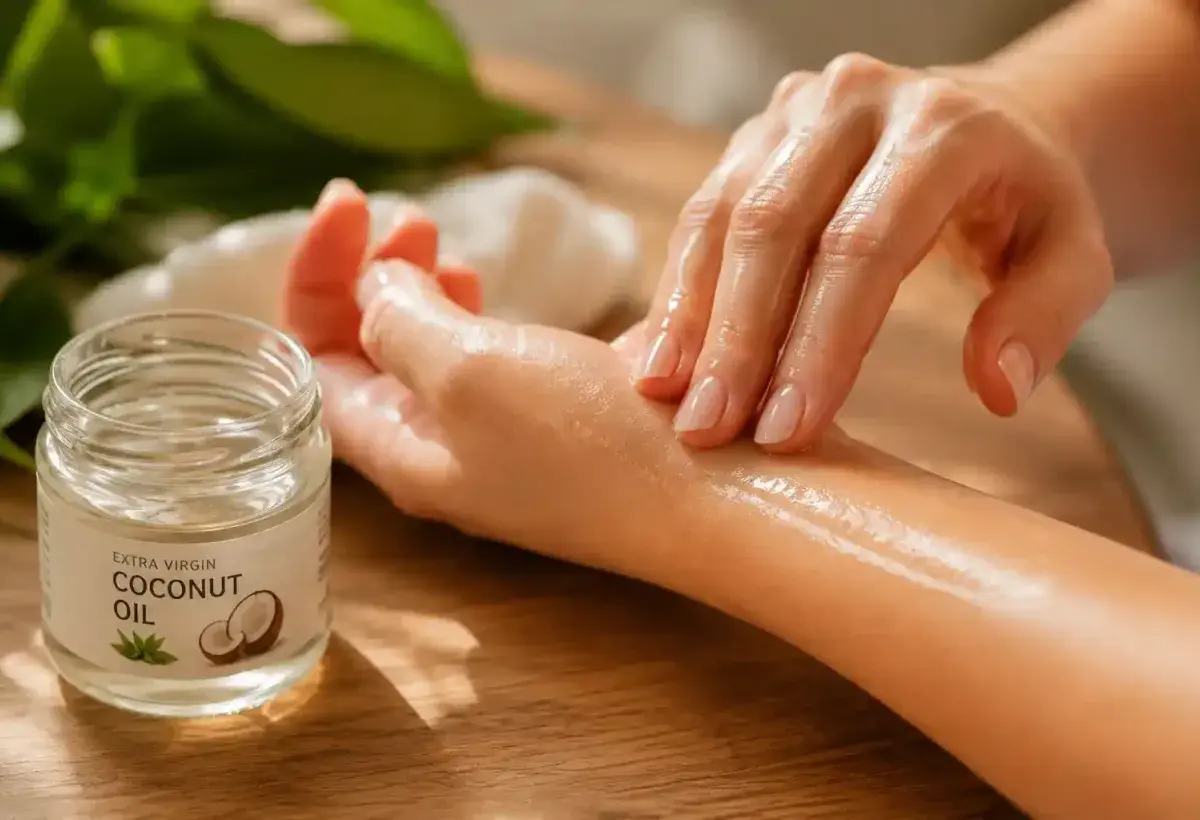 Applying coconut oil to skin for hydration and protection