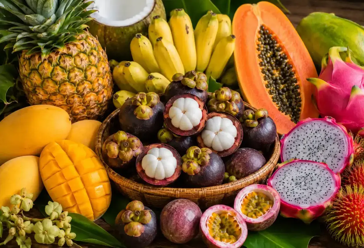 Assortment of Colorful Tropical Fruits Including Mangosteen