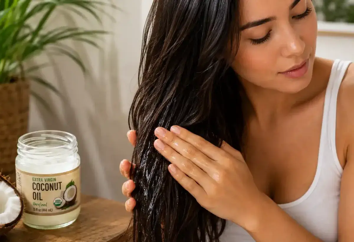 Coconut oil applied to hair for strength and shine