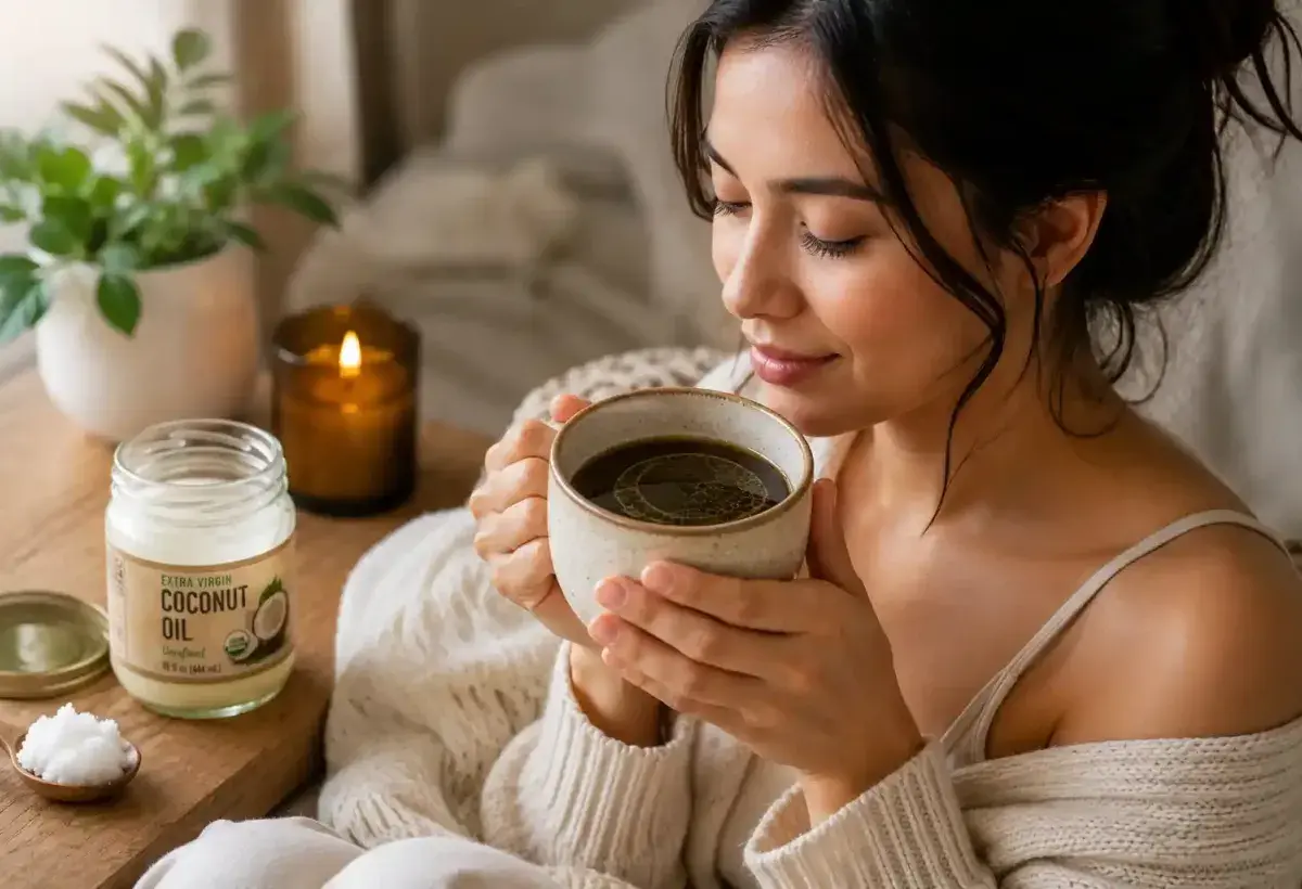 Coconut oil in a warm drink supporting digestive comfort