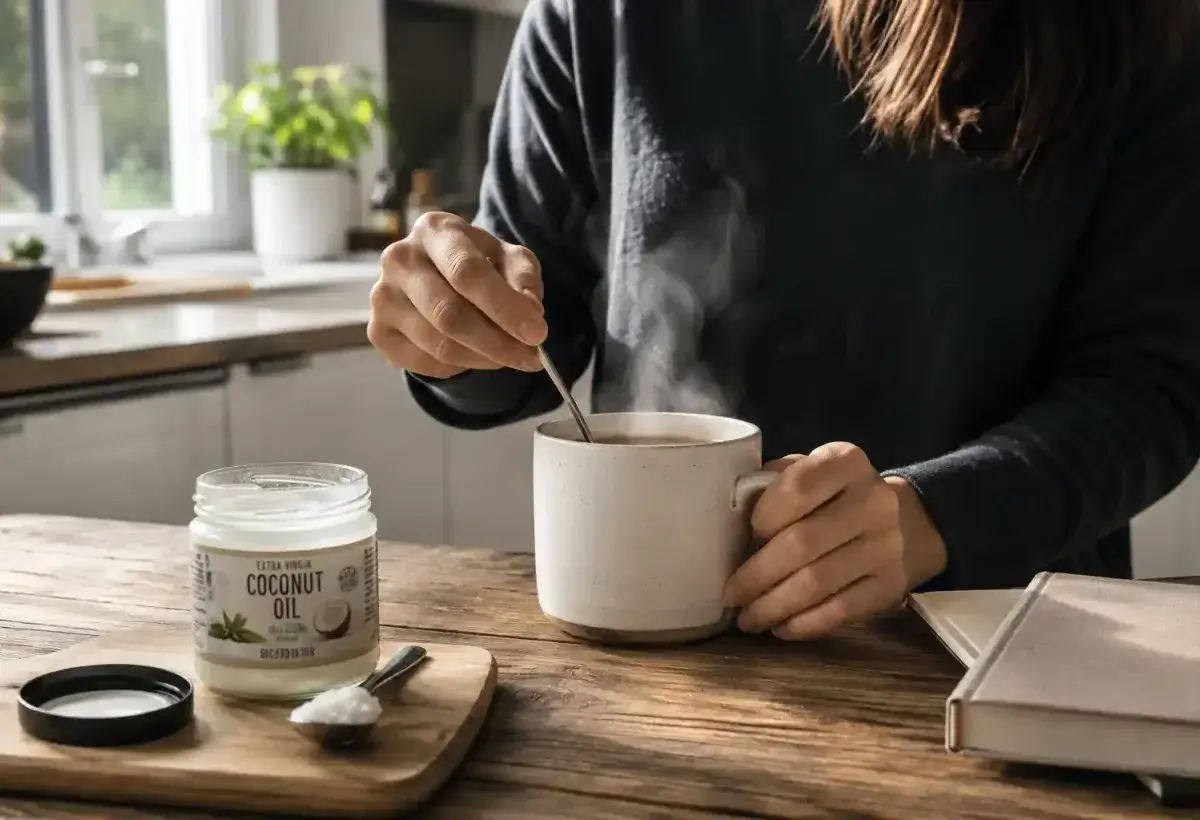 Coconut oil melting into a warm drink in a home kitchen