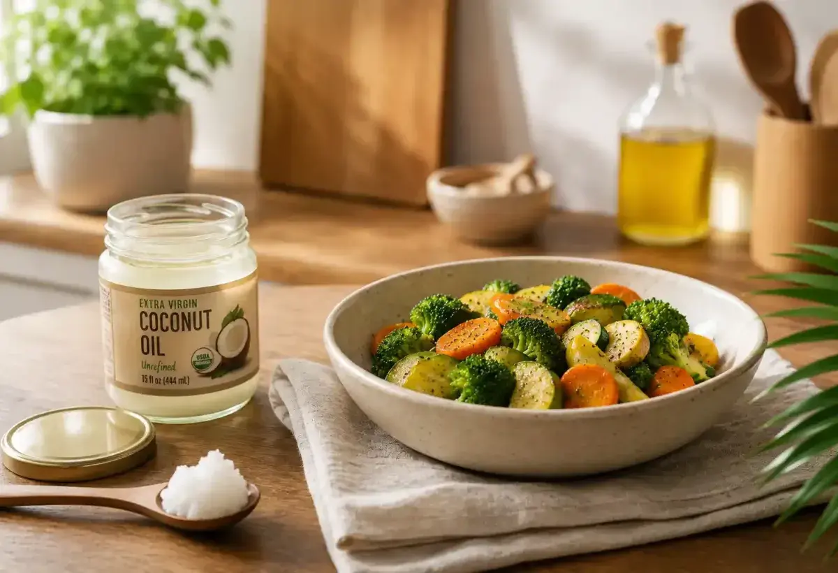 Coconut oil used in a warm meal to support metabolism