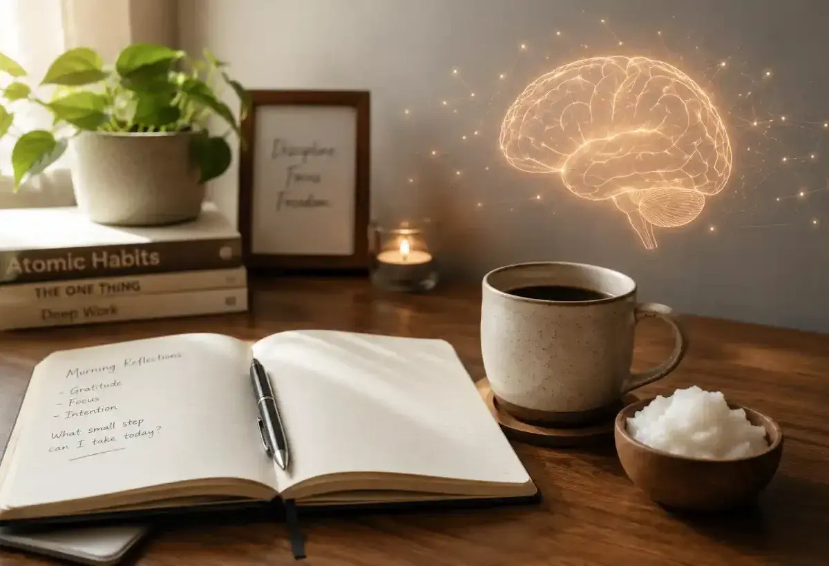 Coconut oil with coffee and notebook representing mental clarity