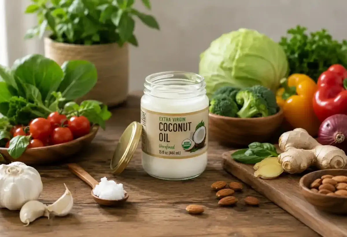 Coconut oil with fresh ingredients representing reduced inflammation
