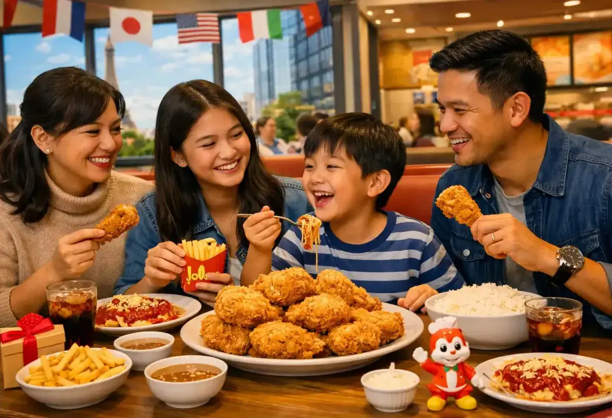 Overseas Filipino family sharing a meal at Jollibee