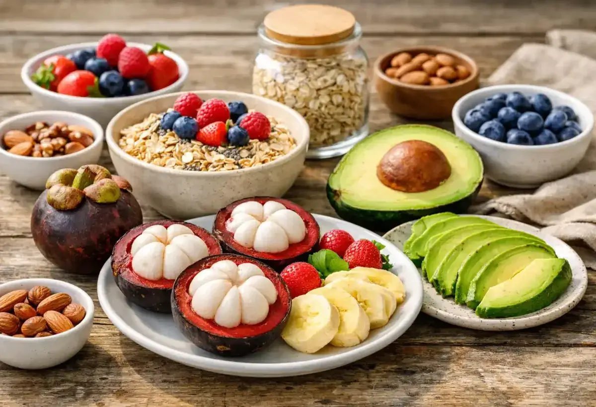 Fresh Mangosteen and Heart Healthy Foods on a Wooden Table