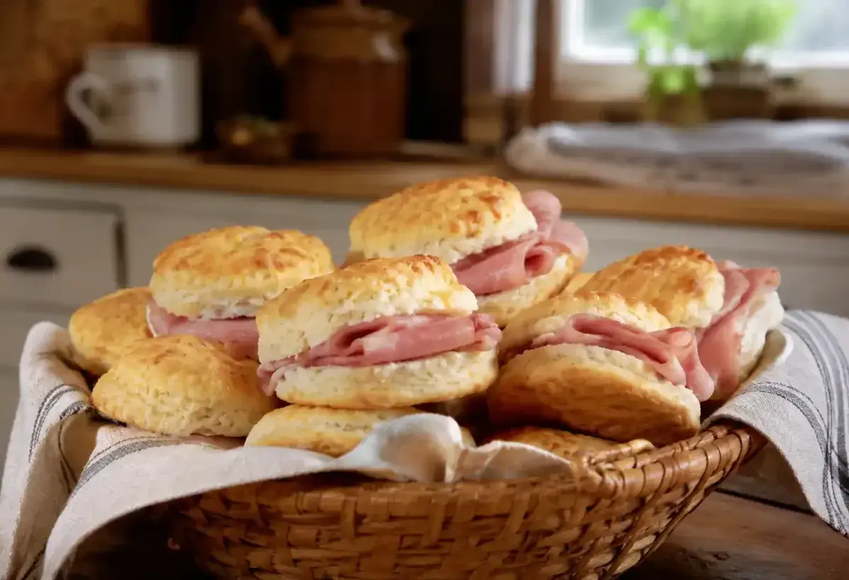 Fresh Virginia Ham Biscuits Served on a Farmhouse Table