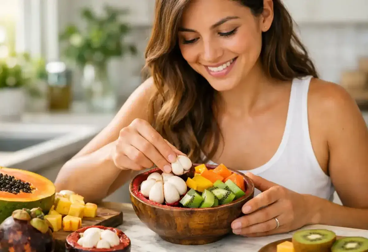 Healthy Woman Preparing a Bowl of Fresh Mangosteen and Tropical Fruits