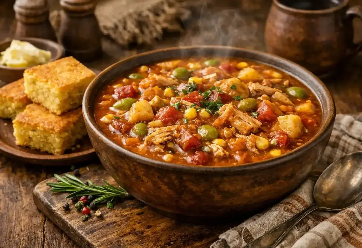 Hearty Bowl of Virginia Brunswick Stew with Corn and Vegetables