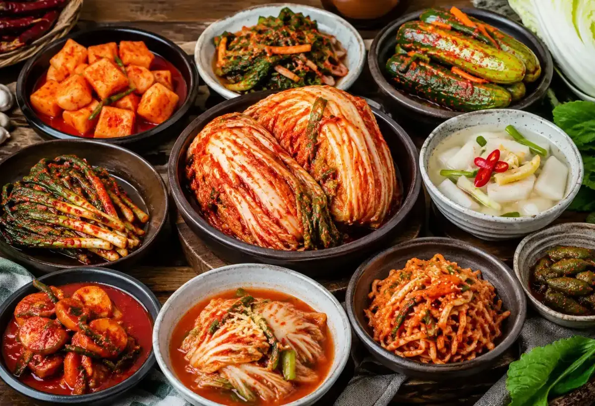 Various Types of Traditional Korean Kimchi Displayed Together