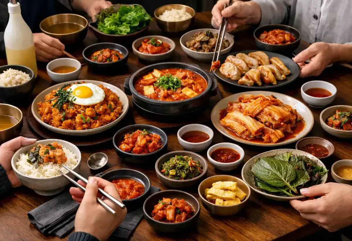 People Sharing Korean Kimchi During a Family Meal