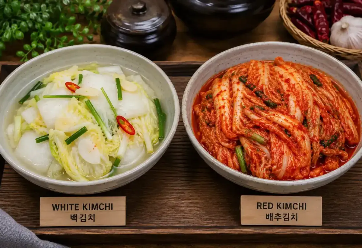 White Kimchi and Red Kimchi Showing Different Traditional Styles