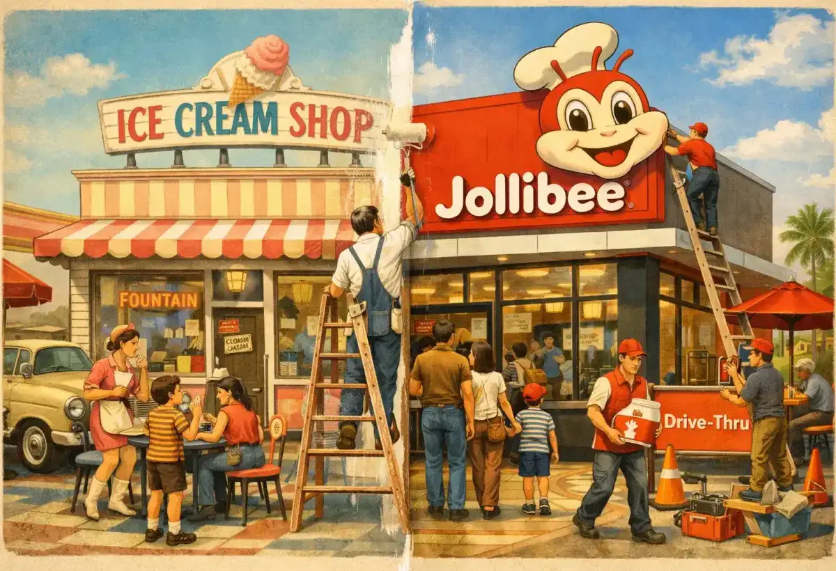 The transformation from ice cream shop to Jollibee restaurant