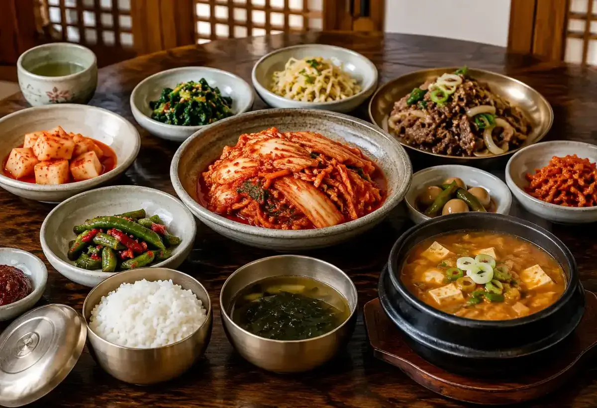 Traditional Korean dining table filled with rice, soup, side dishes, and kimchi served at the center