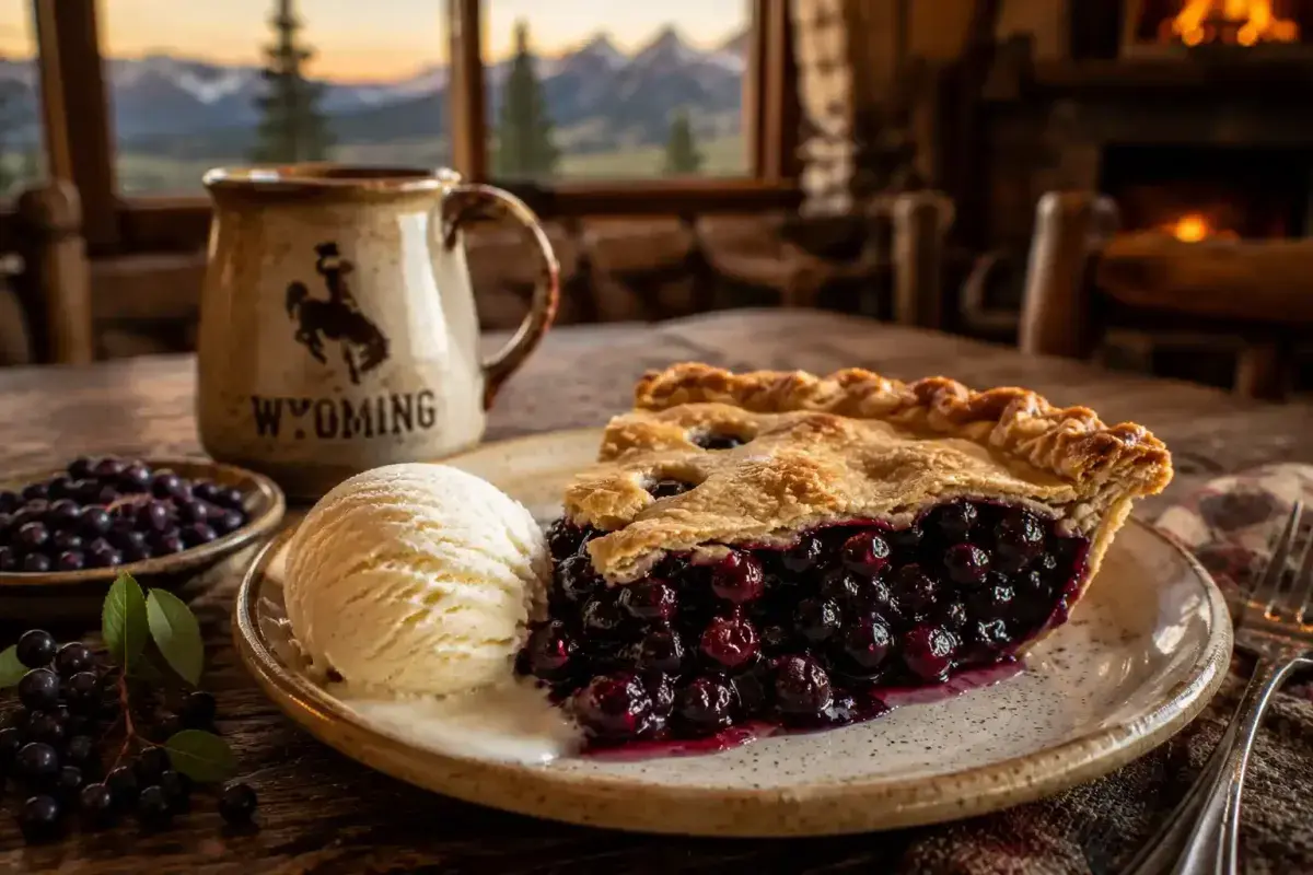 Fresh baked Wyoming huckleberry pie with vanilla ice cream