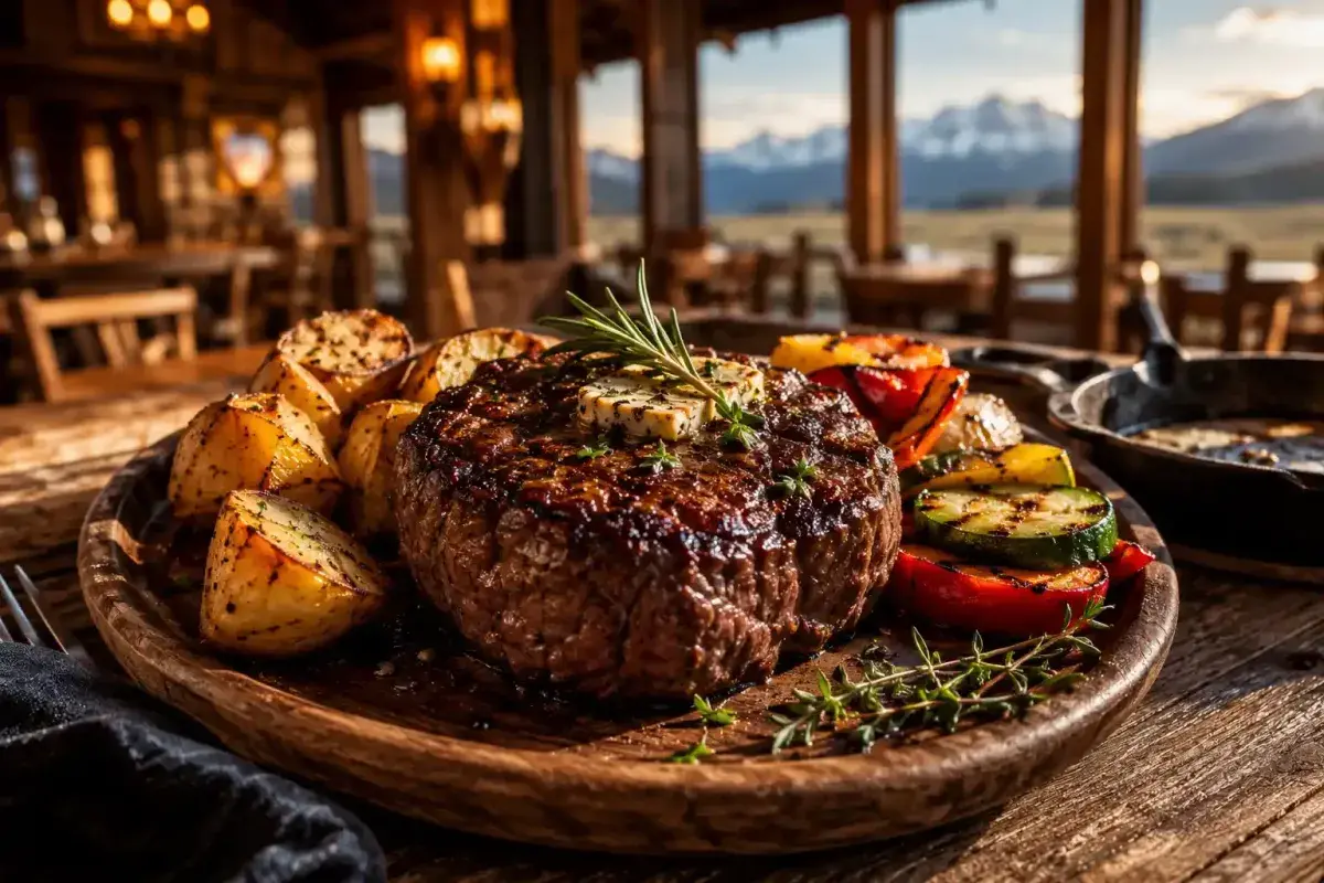 Grilled Wyoming bison steak served with rustic ranch sides
