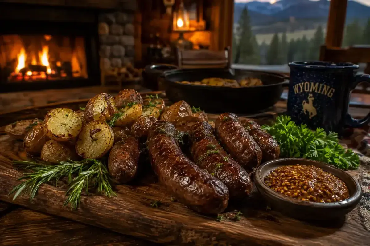 Traditional Wyoming venison sausage served on a rustic wooden board
