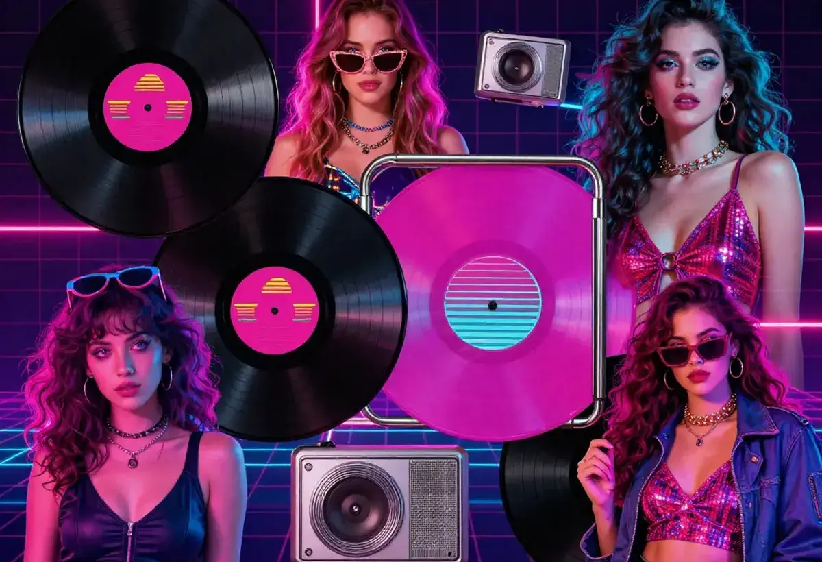 collage of 1980s pop culture icons with neon colors and bold fashion