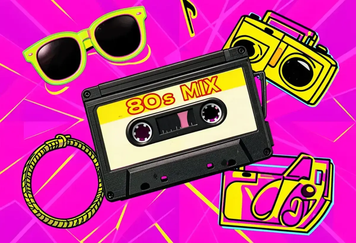 A colorful retro collage with a cassette tape labeled '80s MIX' surrounded by neon sunglasses, a boom box outline, and musical notes on a geometric neon background