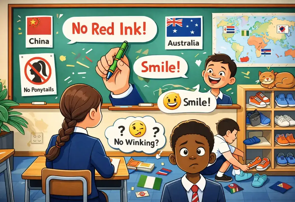 A colorful, cartoonish classroom scene with a student with a low braid, a teacher with a green pen, a smiling student, and indoor shoes, symbolizing strange school rules worldwide.