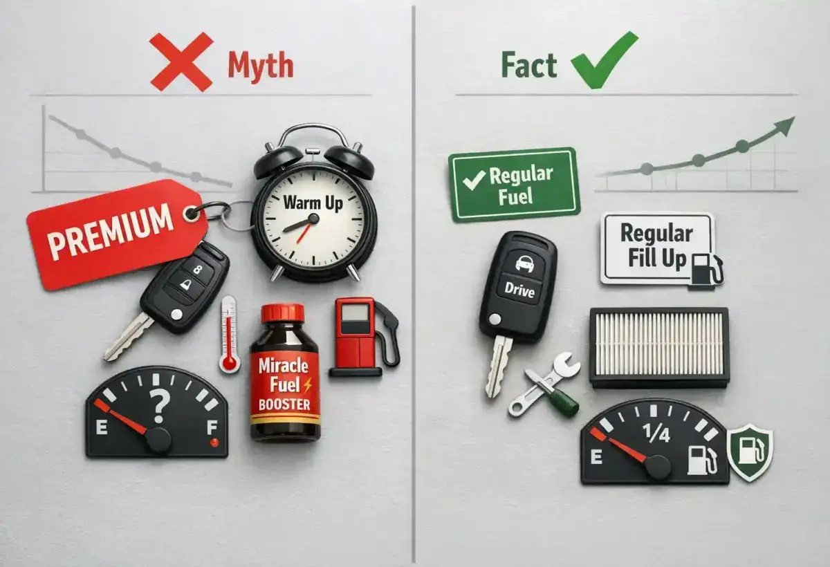 A split flat lay contrasting myth symbols like a "Premium" tag and a warm-up clock with fact icons like a regular fuel checkmark, symbolizing debunked gasoline myths.