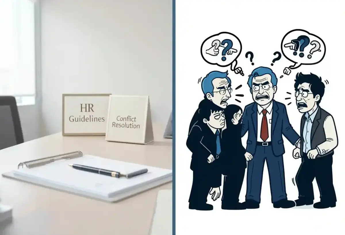 A split-image contrasting a professional HR setting with silhouettes of the Big Bang Theory cast in chaos, symbolizing the challenge of workplace conflict resolution.