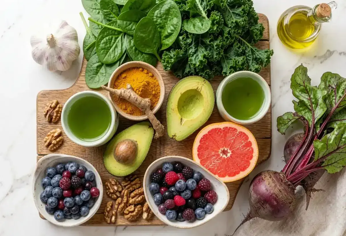 A vibrant flat lay of garlic, leafy greens, turmeric, avocado, walnuts, grapefruit, berries, beet, and olive oil, symbolizing delicious foods for natural liver health.