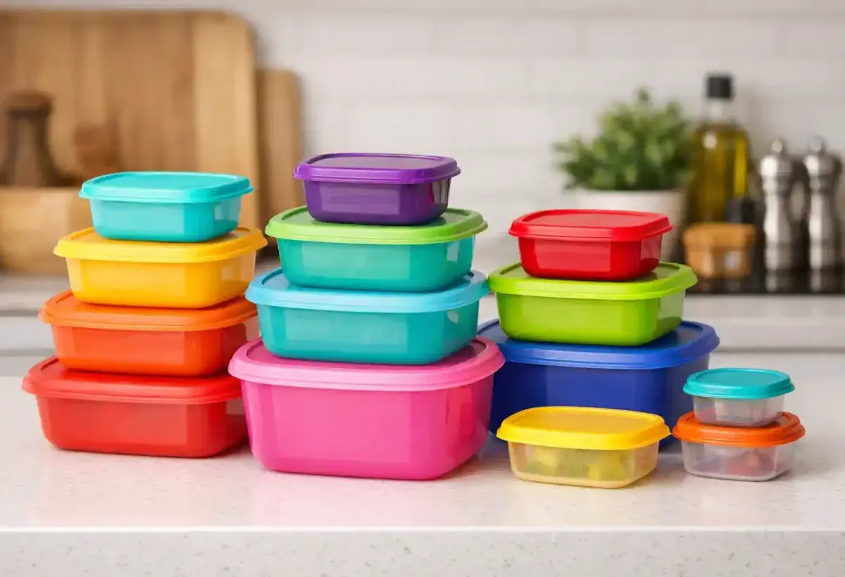 Colorful Tupperware containers neatly stacked on kitchen counter