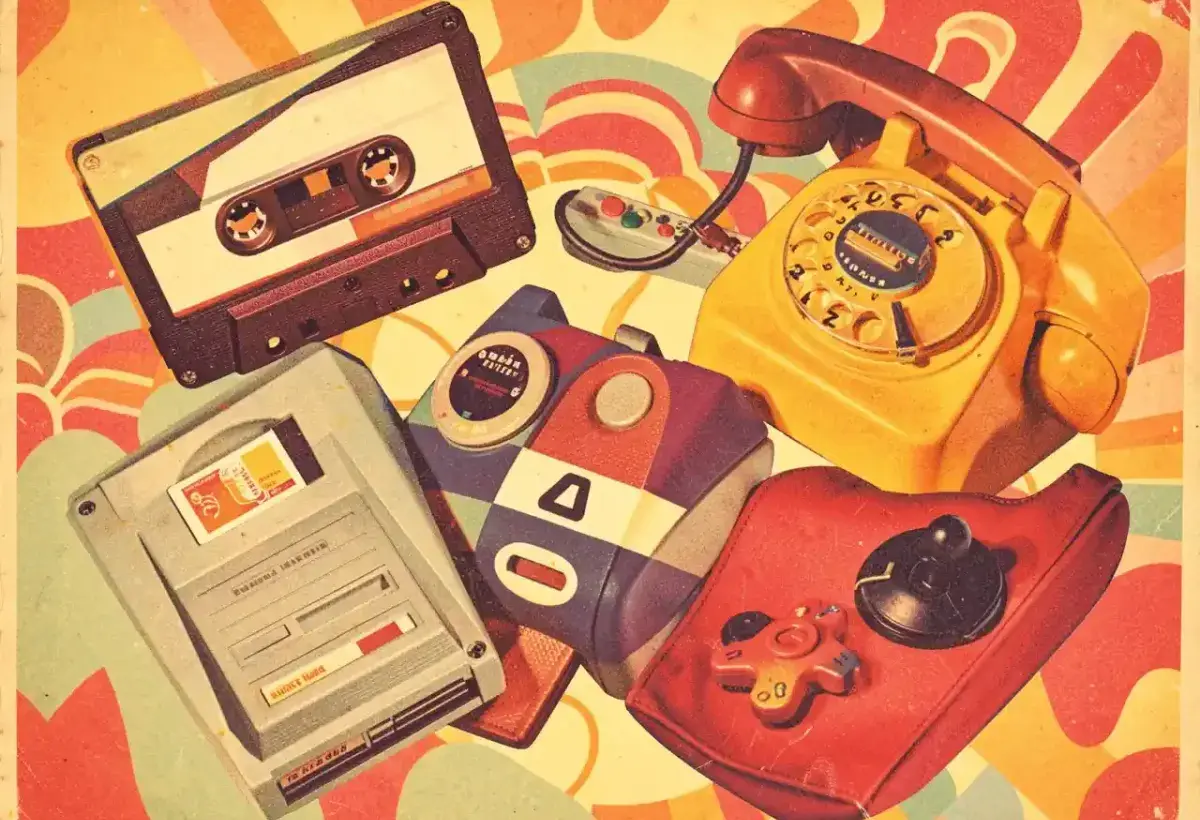 Colorful collage of retro 1980s objects including cassette tape, floppy disk, and rotary phone