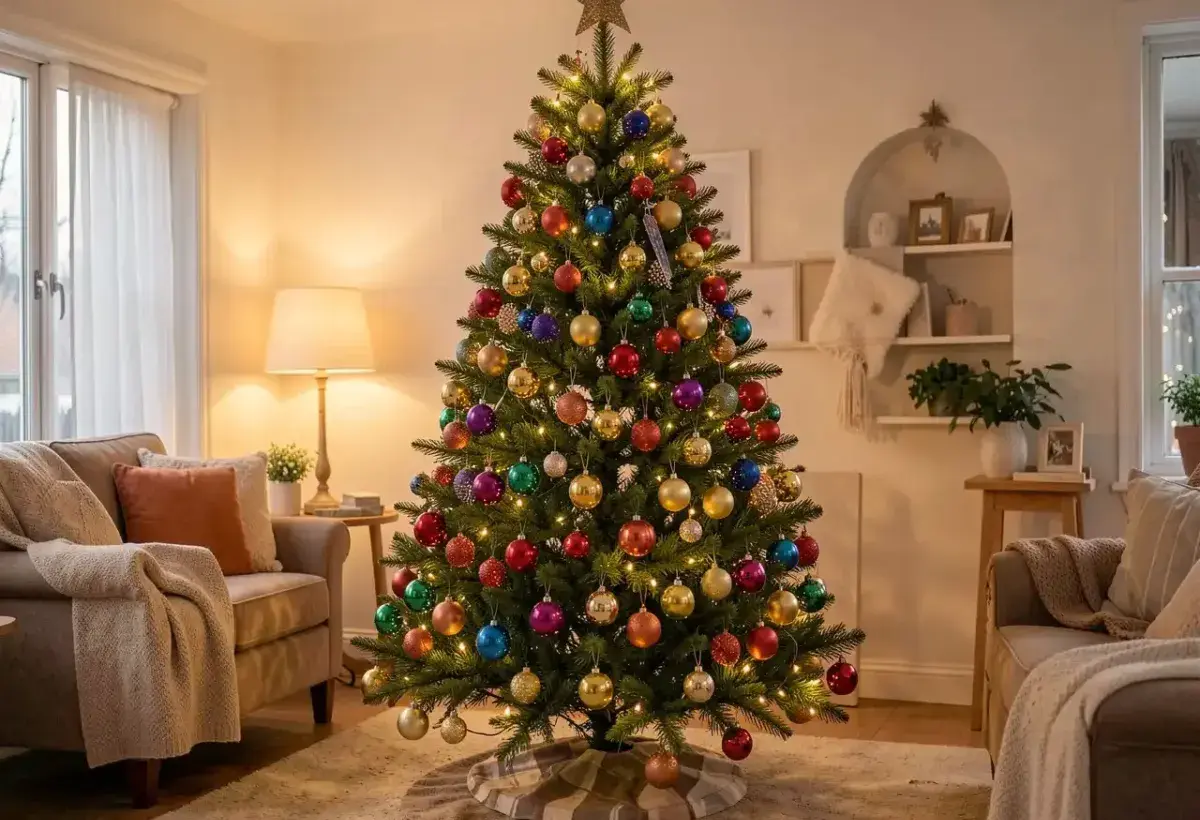 Cozy living room with a beautifully decorated Christmas tree full of shiny ornaments