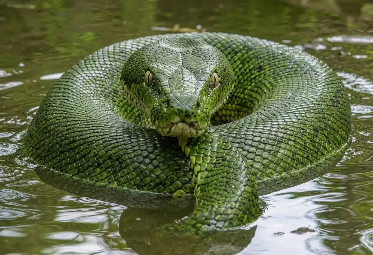 Massive green anaconda partially submerged with eyes above water
