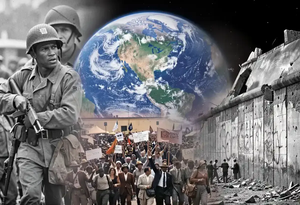 Montage of iconic 20th century events including war, moon landing, and civil rights march