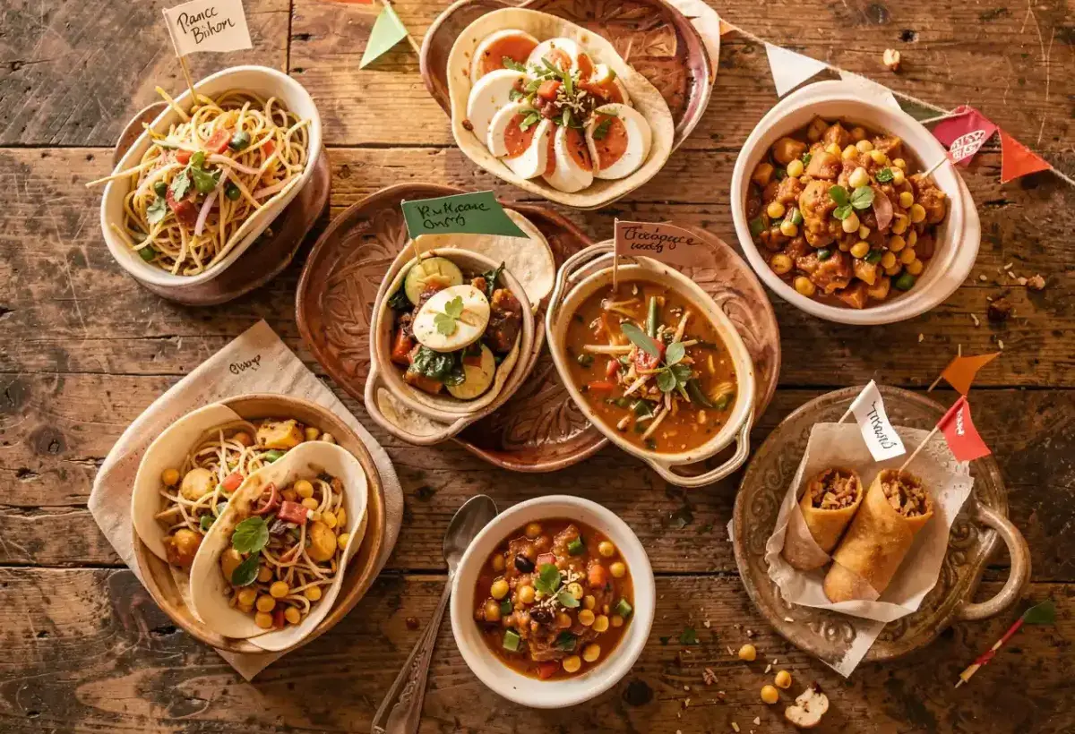 Overhead view of various cultural potluck dishes with small flags and labels on a rustic table