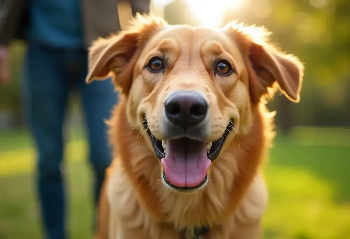 Happy dog and owner sharing a close bond outdoors