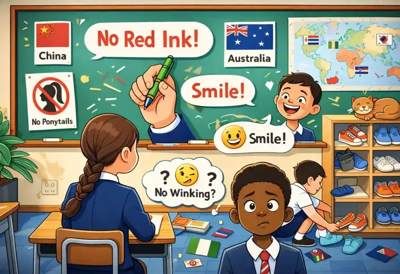 A colorful, cartoonish classroom scene with a student with a low braid, a teacher with a green pen, a smiling student, and indoor shoes, symbolizing strange school rules worldwide.