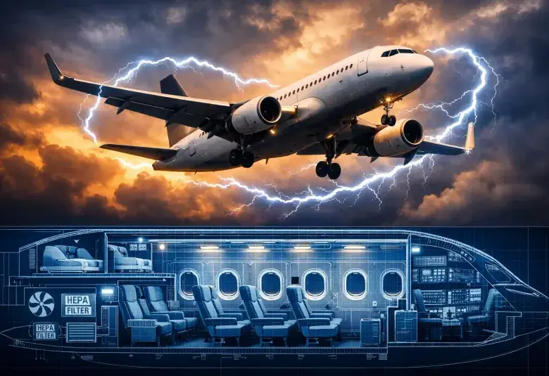 A dramatic image of a plane in flight overlaid with a blueprint revealing hidden features like crew bunks and lightning protection, symbolizing aviation's marvels.