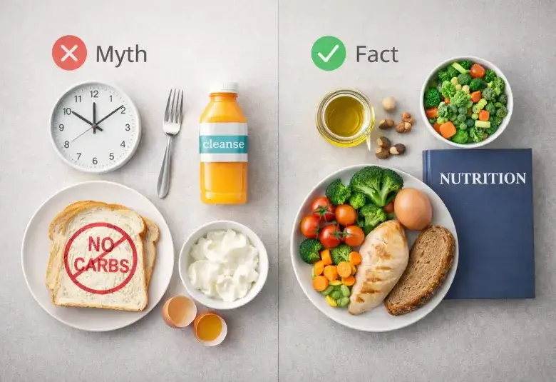 A split flat lay contrasting diet myth symbols with evidence-based foods, symbolizing the debunking of common nutrition lies with science.
