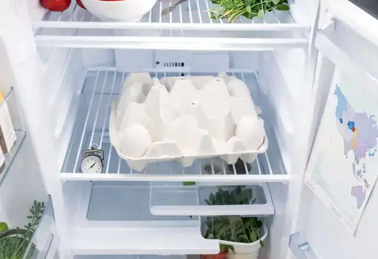 An open refrigerator with a white egg carton prominently on the shelf, symbolizing the American practice of refrigerating eggs for food safety.