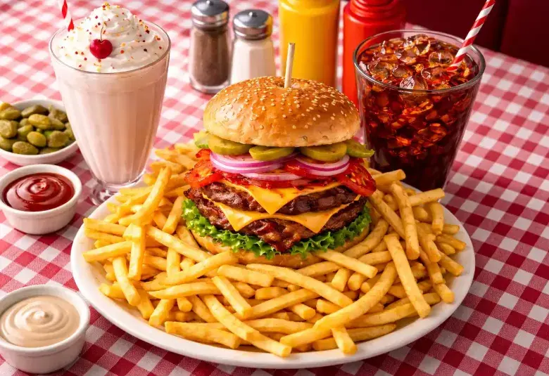 An oversized American diner meal with a large burger, heaping fries, and a giant milkshake, symbolizing the culture of abundant portion sizes.