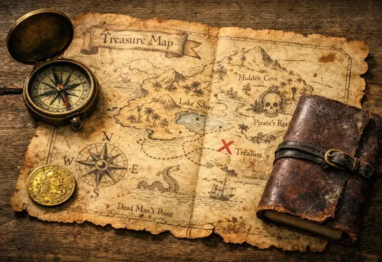 Antique treasure map and exploration tools for legendary lost fortunes