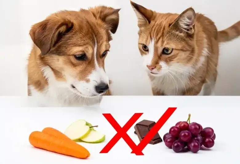 Dog looking at safe treats next to red X over chocolate and grapes
