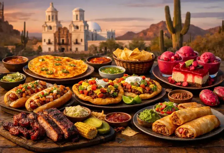 Iconic Arizona foods including Sonoran hot dogs, Navajo tacos, prickly pear desserts, mesquite barbecue, cheese crisps, and chimichangas