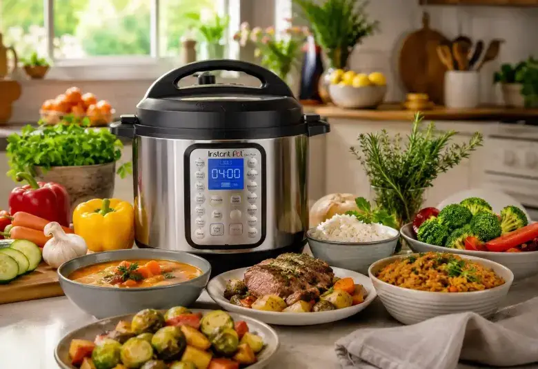 A bright modern kitchen with a popular electric Instant Pot on the countertop surrounded by colorful fresh vegetables, herbs, bowls of soup, rice, and family style meals. Warm sunlight through the window creates a welcoming atmosphere. Realistic photography, highly detailed, vibrant colors, magazine quality, inviting home kitchen