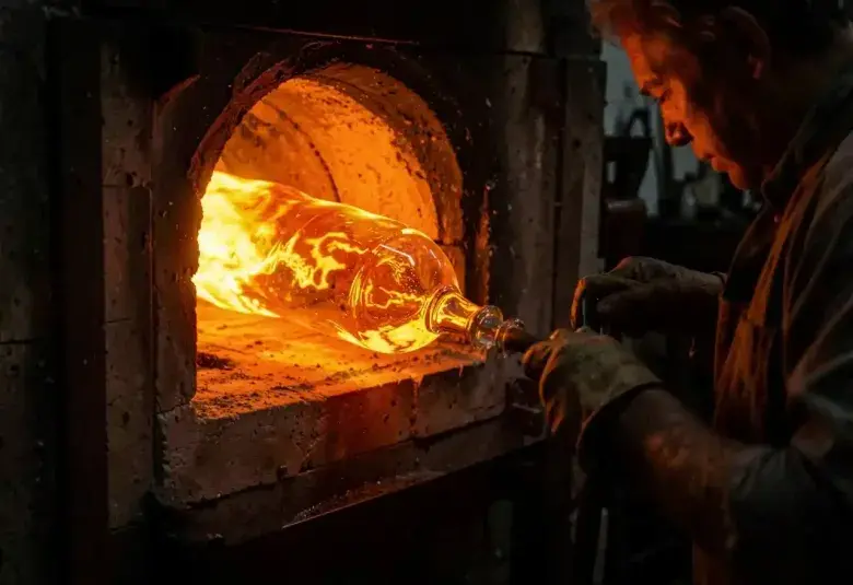 Molten glass being shaped during traditional glassblowing process