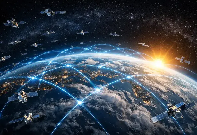 Starlink satellites orbiting Earth above a connected world