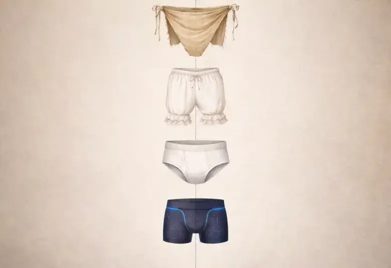 Timeline collage of historic underwear styles from ancient loincloth to modern smart fabric