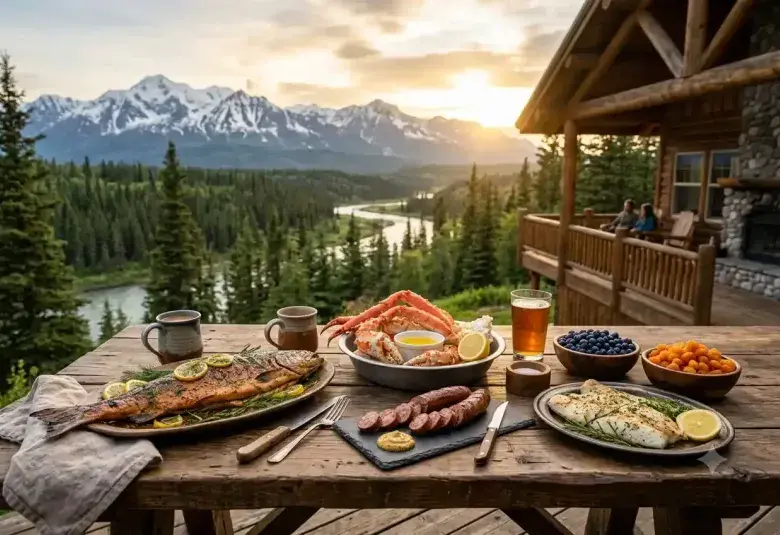 Traditional Foods of Alaska with Mountain Scenery