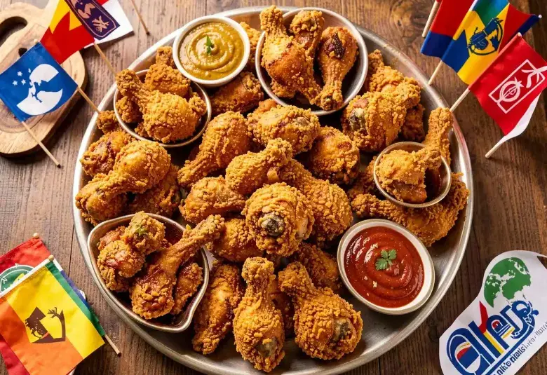Variety of global fried chicken styles on a platter representing international competition