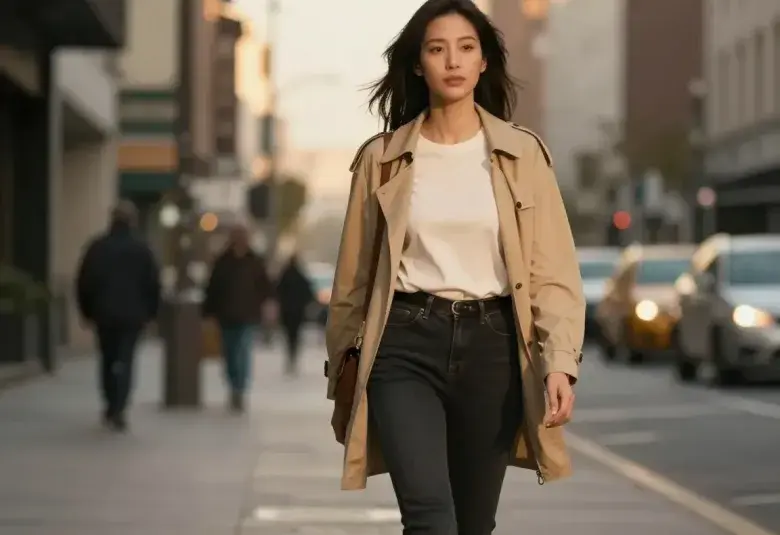 confident woman walking forward in a city environment with calm focus